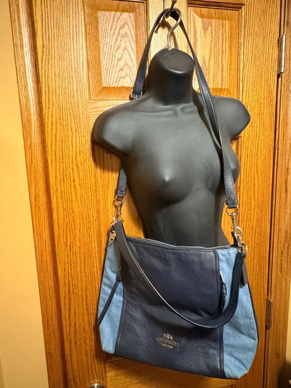 Coach Hallie Denim Pebbled Leather Convertible Shoulder Crossbody Bag Blue